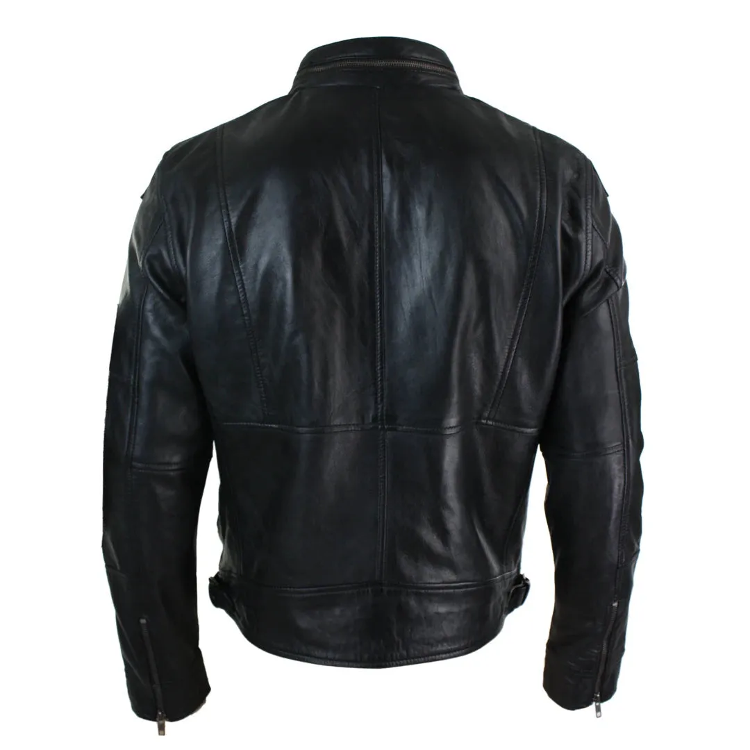 Chaqueta de cuero en Marrón Oliva y Negro con cremallera para caballero estilo Biker Urban